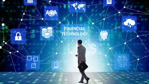 Un homme entouré de toutes les possibilités offertes par la finance décentralisée, dans un univers numérique