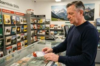 Homme achetant des cigarettes dans un kiosque suisse en payant en euros, illustration du prix des cigarettes en Suisse