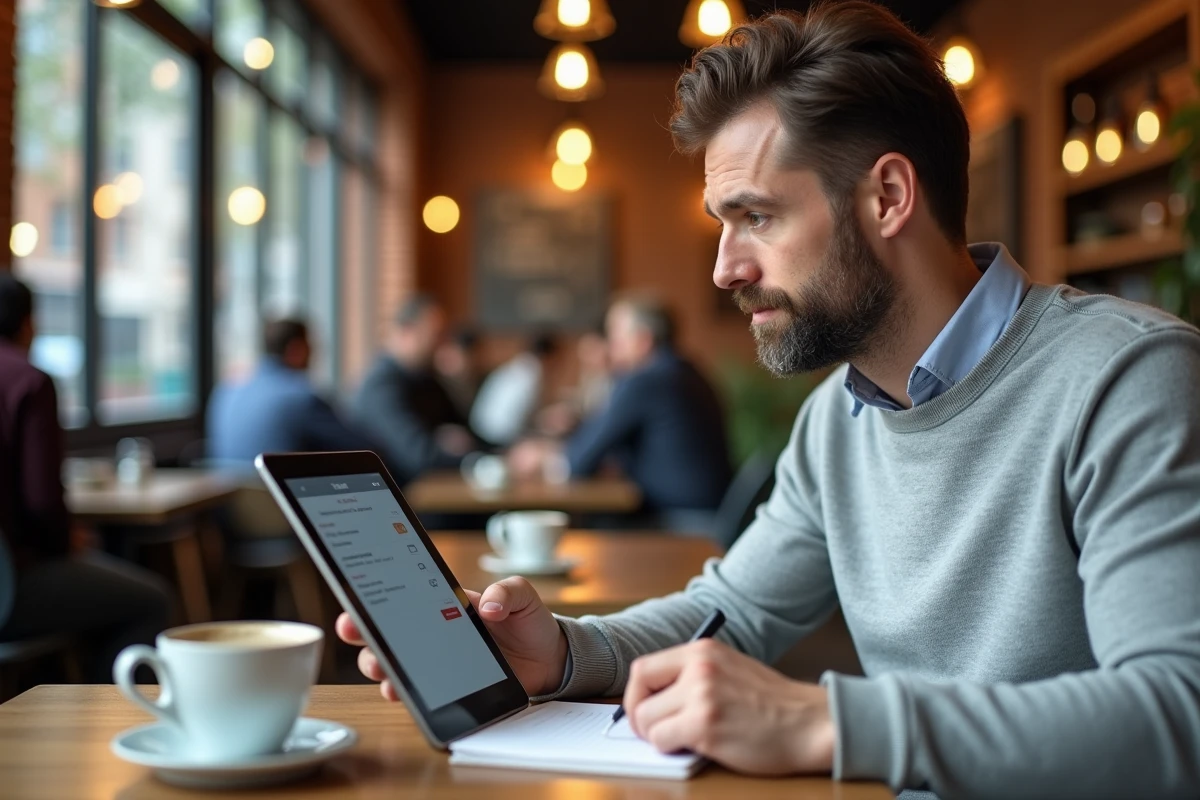 Homme activant son compte Bourse Directe sur une tablette dans un café urbain avec carnet de notes
