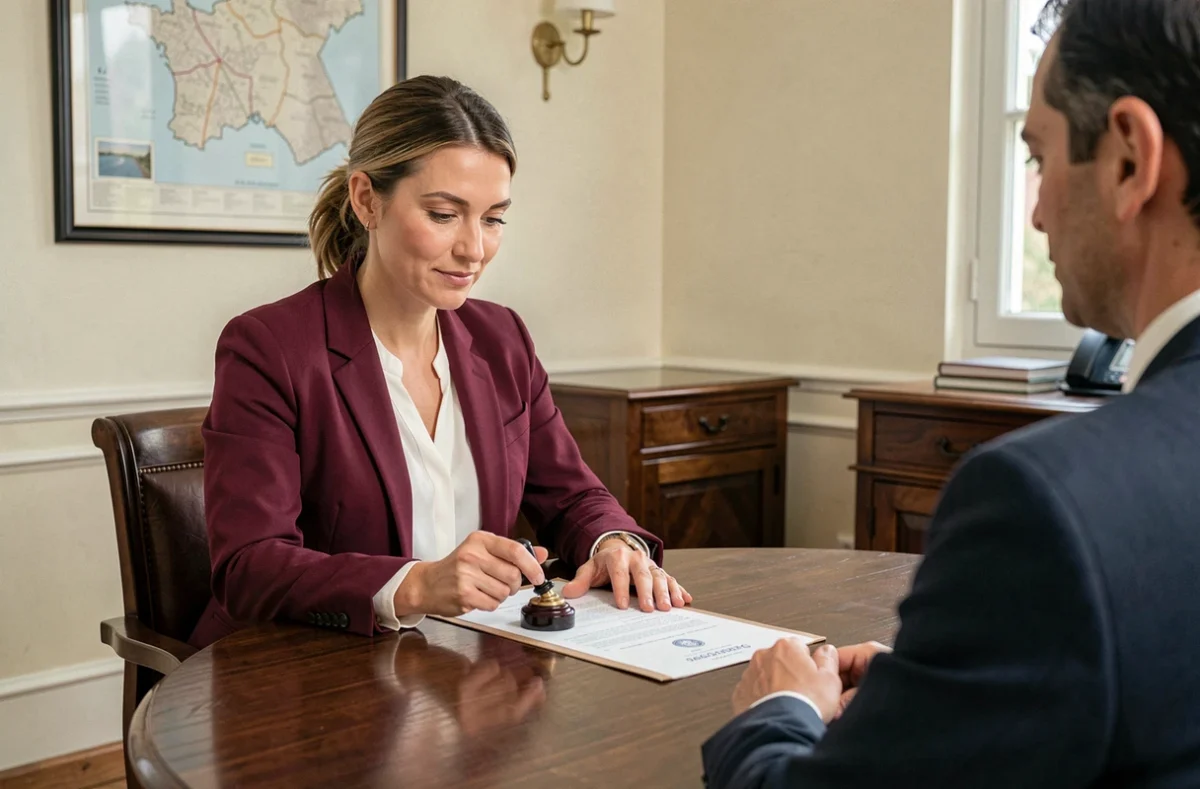 Notaire d'AGEA Notaires apposant un cachet officiel sur un acte notarié lors d'une consultation