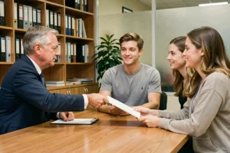 Agent d'assurance remettant un contrat de responsabilité civile à un couple dans un bureau professionnel