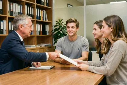Agent d'assurance remettant un contrat de responsabilité civile à un couple dans un bureau professionnel