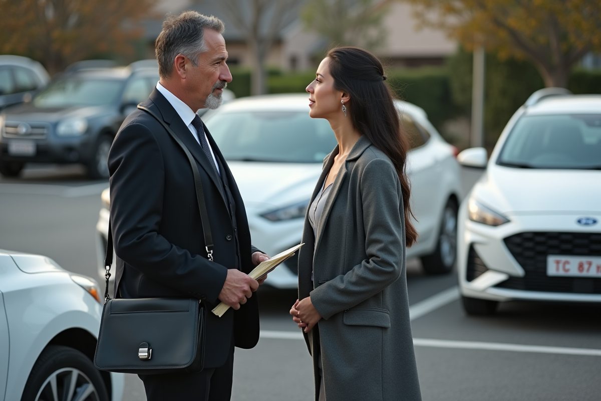 Agent de justice parlant avec une jeune femme devant une voiture