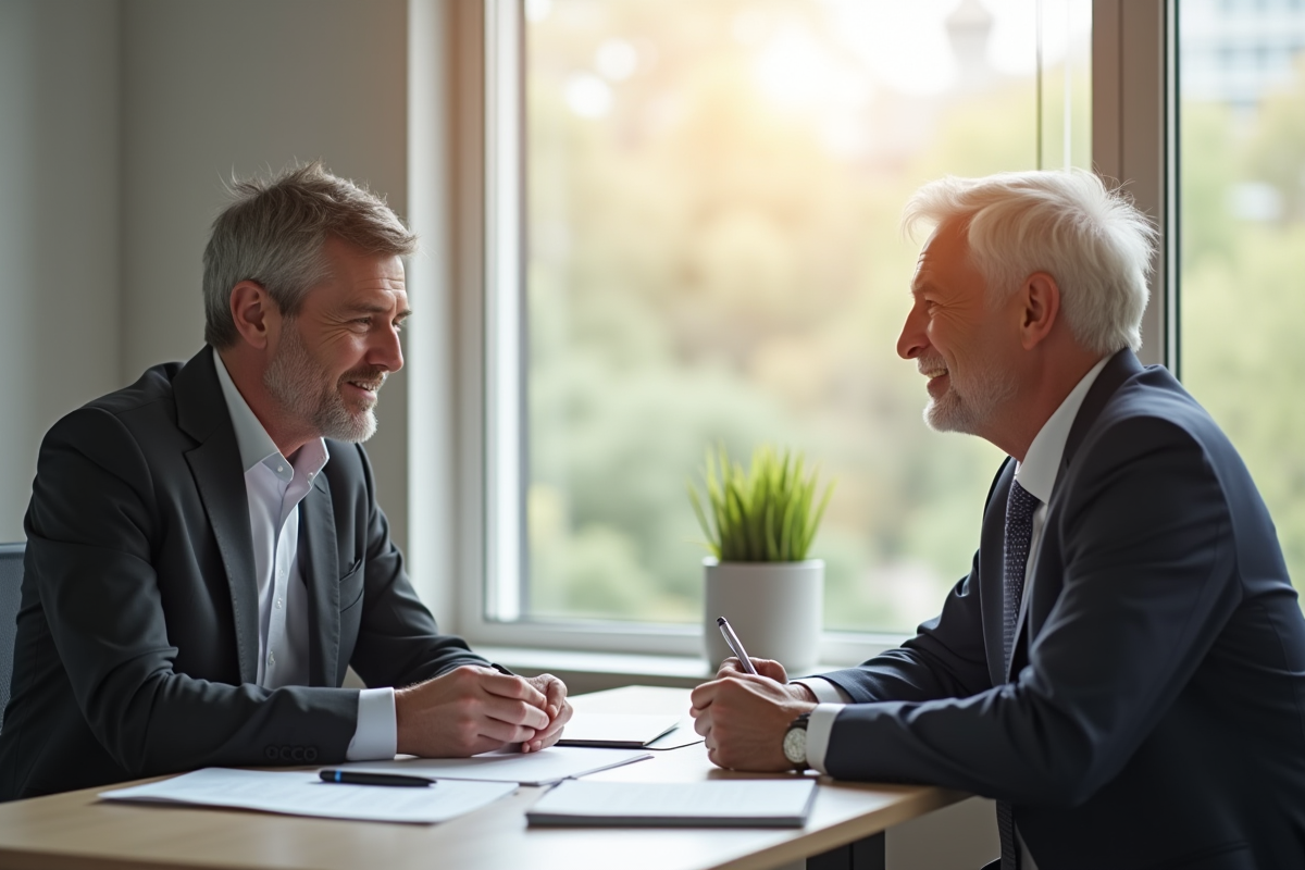 Agent bancaire avec un client examinant des documents en bureau lumineux