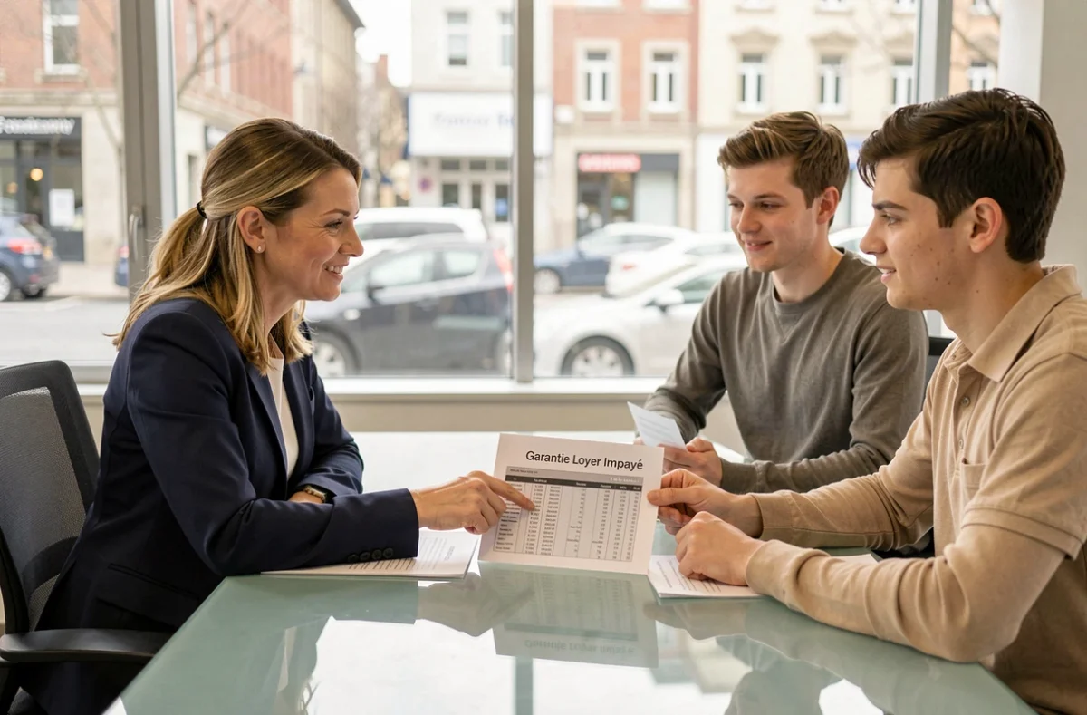 Agent immobilier expliquant le coût d'une garantie loyer impayé à des clients