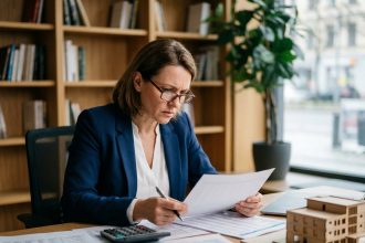 Femme analyste étudiant la rentabilité d'un investissement locatif à son bureau avec des tableaux financiers et une maquette d'immeuble