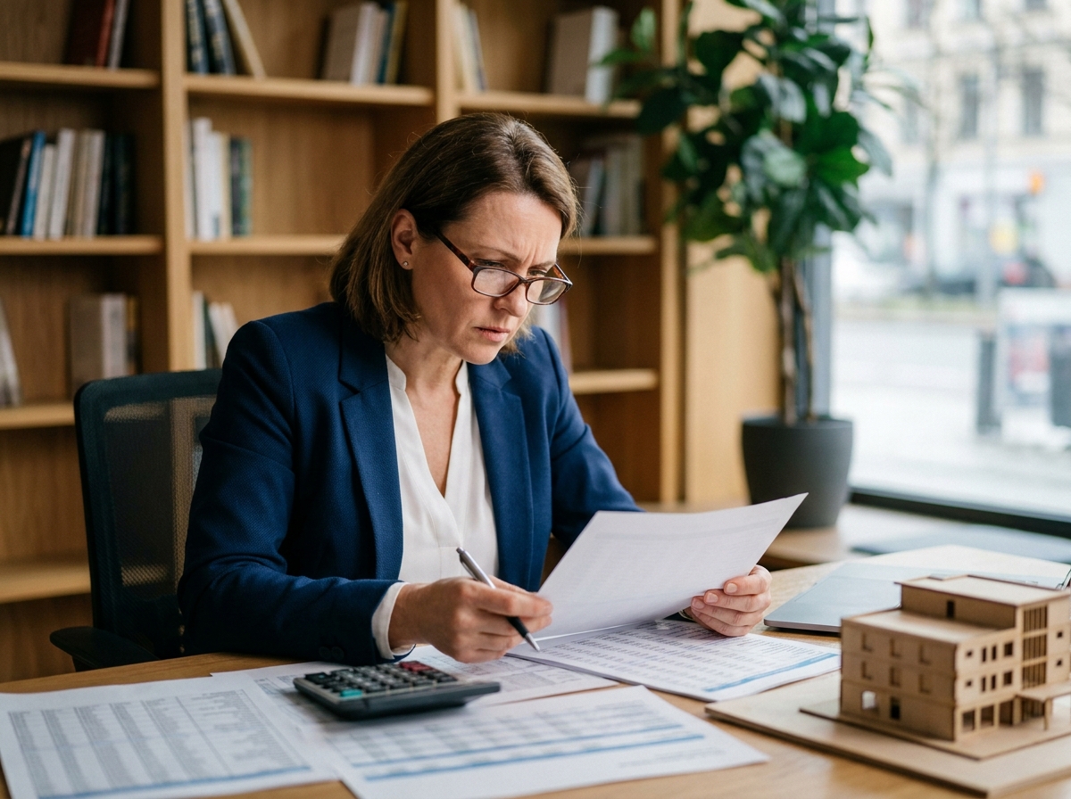 Femme analyste étudiant la rentabilité d'un investissement locatif à son bureau avec des tableaux financiers et une maquette d'immeuble