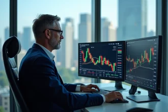 Analyste financier masculin devant des écrans affichant des indices boursiers européens et les cours d'Air Liquide sur EPA