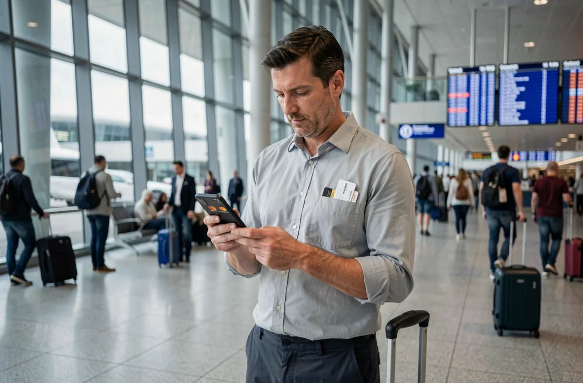 Voyageur consultant son attestation d'assurance Mastercard Gold sur smartphone dans un aéroport