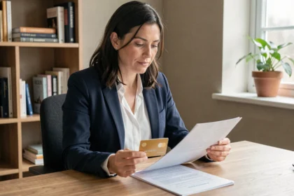 Femme tenant une carte Mastercard Gold et consultant son attestation d'assurance voyage à son bureau