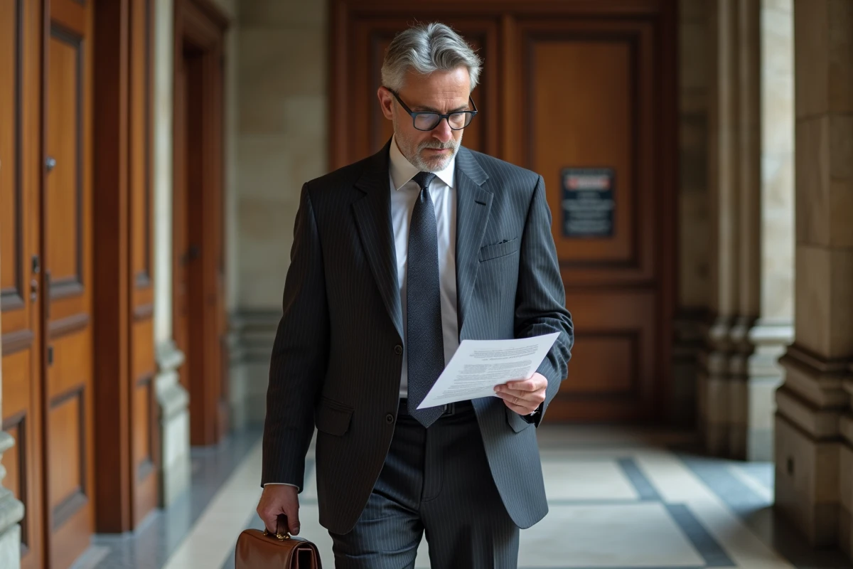 Avocat tenant un document juridique dans le couloir d'un tribunal administratif français