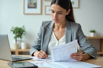 Femme en télétravail calculant son are pour un contrat à temps partiel avec des fiches de paie et un tableur ouvert