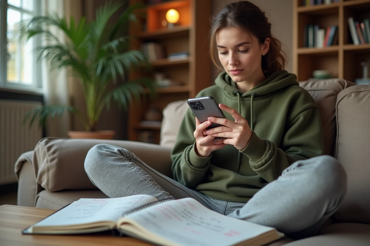 Jeune femme calculant ses droits à l'are pour un emploi à temps partiel depuis son canapé avec un smartphone et un carnet