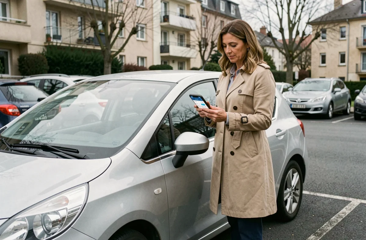 Femme debout près de sa voiture consultant une application de calcul des frais kilométriques pour le trajet domicile-travail