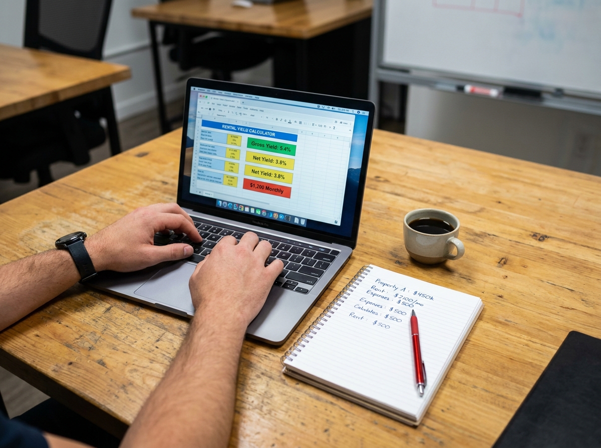 Calcul de rendement locatif sur ordinateur portable avec notes manuscrites et tableur de rentabilité immobilière