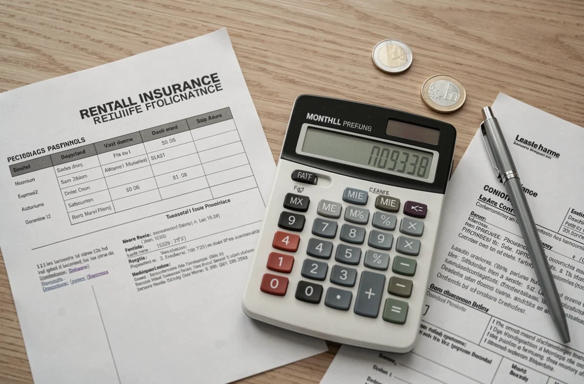 Calculatrice et documents d'assurance loyer impayé sur un bureau en bois