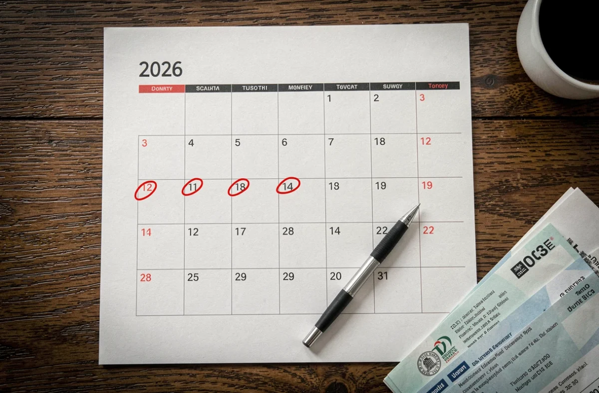 Calendrier 2026 avec dates de paiement de retraite complémentaire entourées au stylo rouge sur un bureau