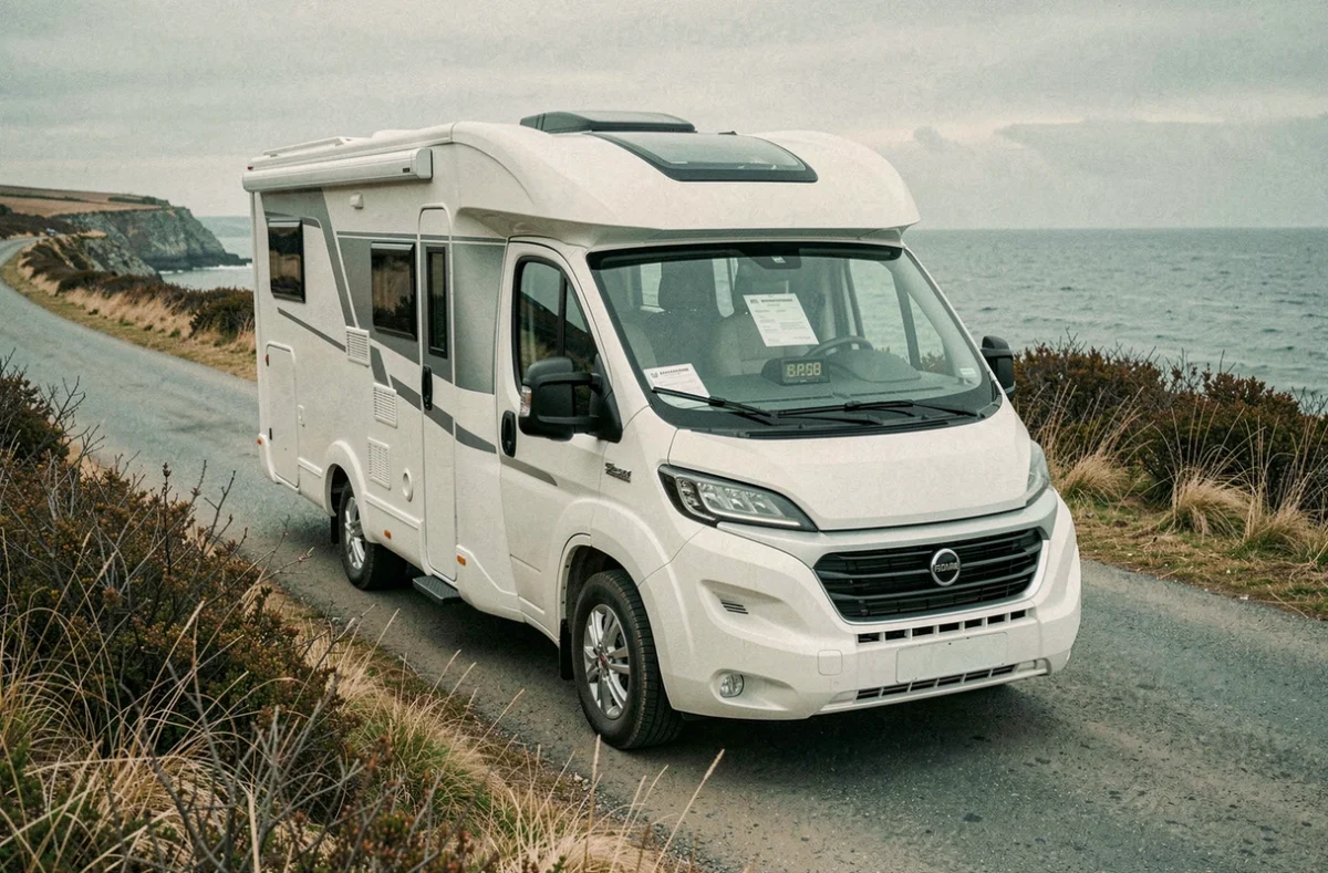 Camping-car garé sur une route côtière avec tableau de bord et carnet d'assurance au kilométrage visible