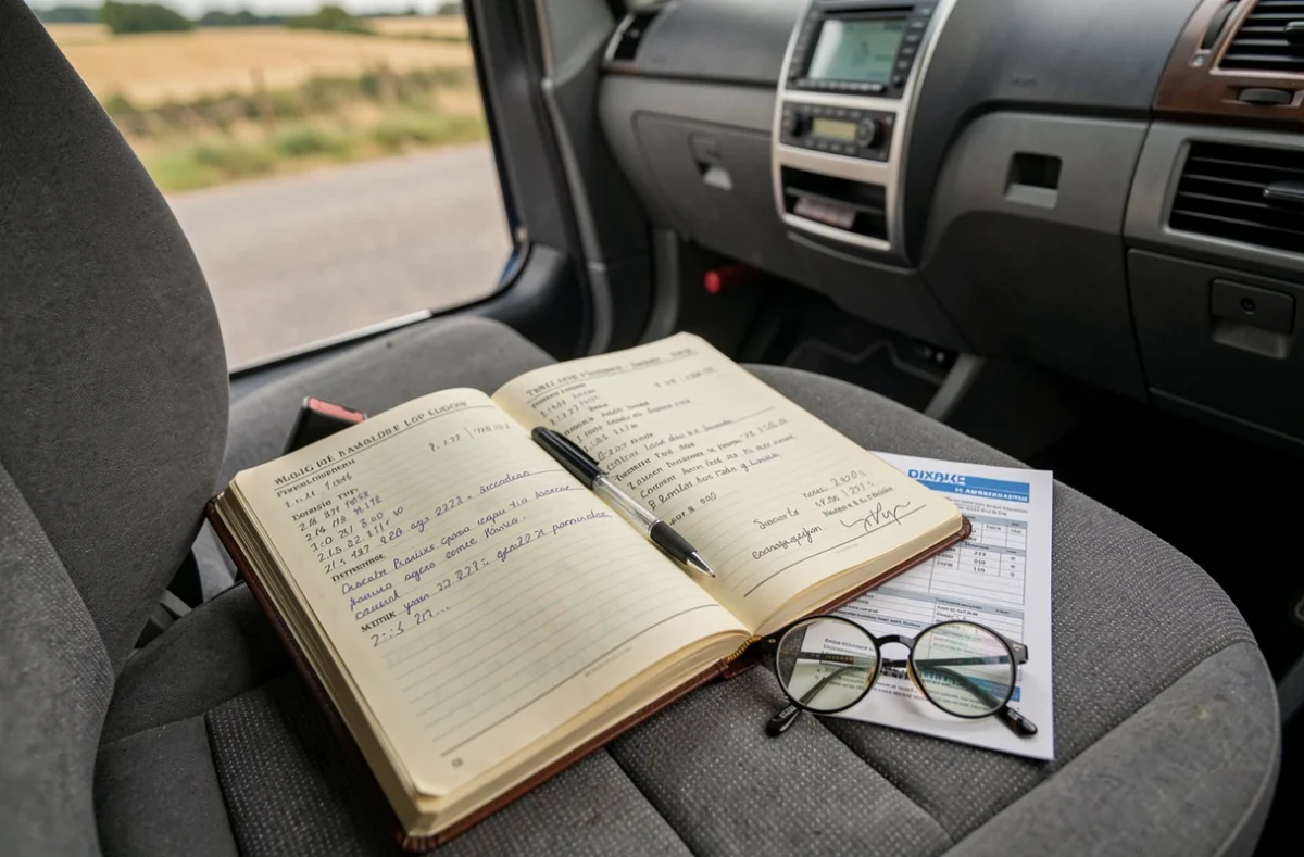 Carnet kilométrique ouvert sur le siège d'une voiture avec documents fiscaux pour déclaration des frais réels au fisc