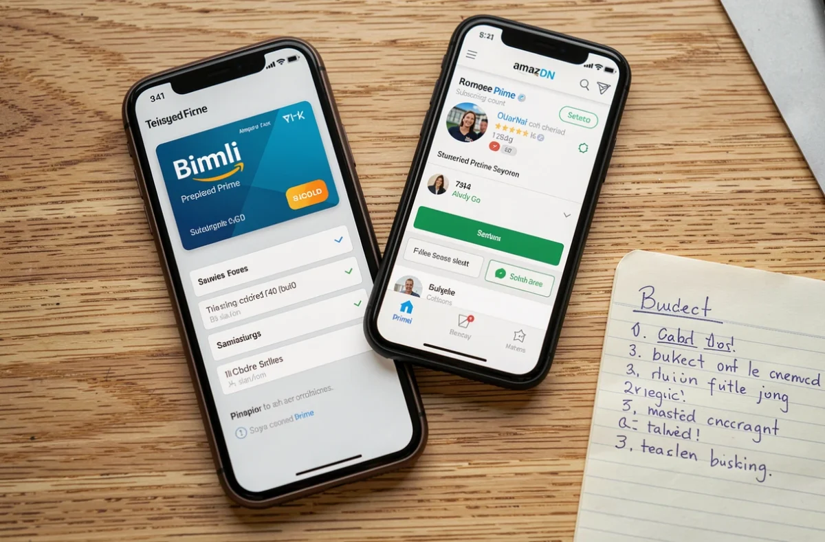 Carte Bimpli et smartphone affichant Amazon Prime posés sur un bureau avec des notes de budget personnel