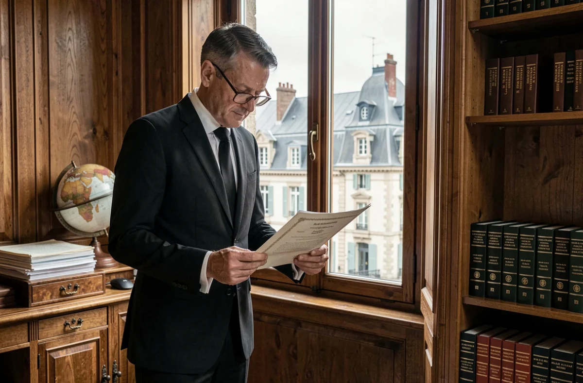 Notaire de CDG Notaires consultant un acte de propriété devant une fenêtre donnant sur la Loire-Atlantique