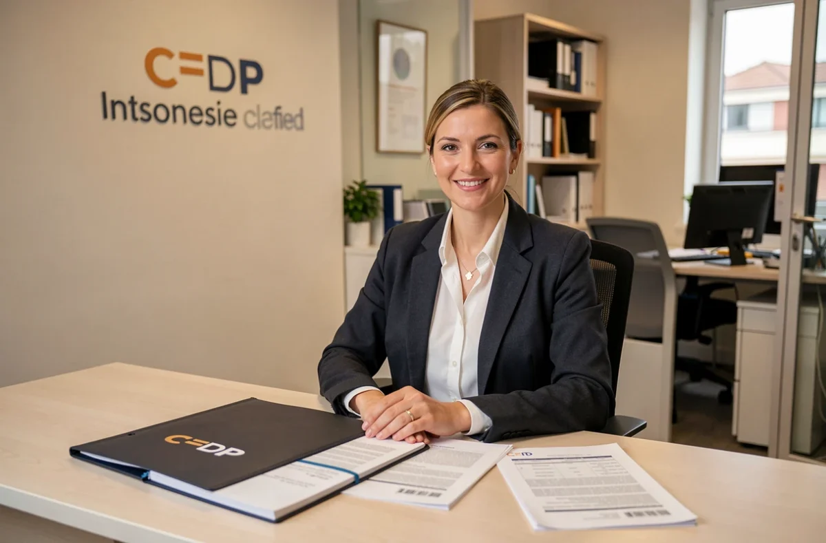 Conseillère de CFDP Assurances dans le Loiret présentant un contrat d'assurance à un client
