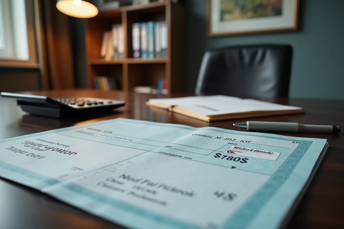 Bureau domestique avec chéquier ouvert, formulaire fiscal annoté et calculatrice, illustrant la déclaration fiscale liée à un chèque ou une donation entre particuliers