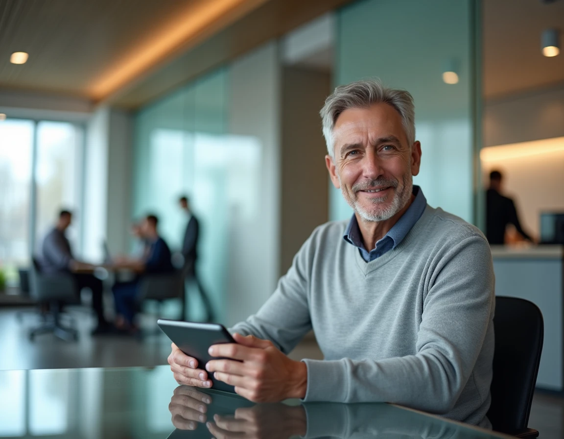 Client d'une banque consultant l'interface Cyberplus sur une tablette dans une agence bancaire moderne