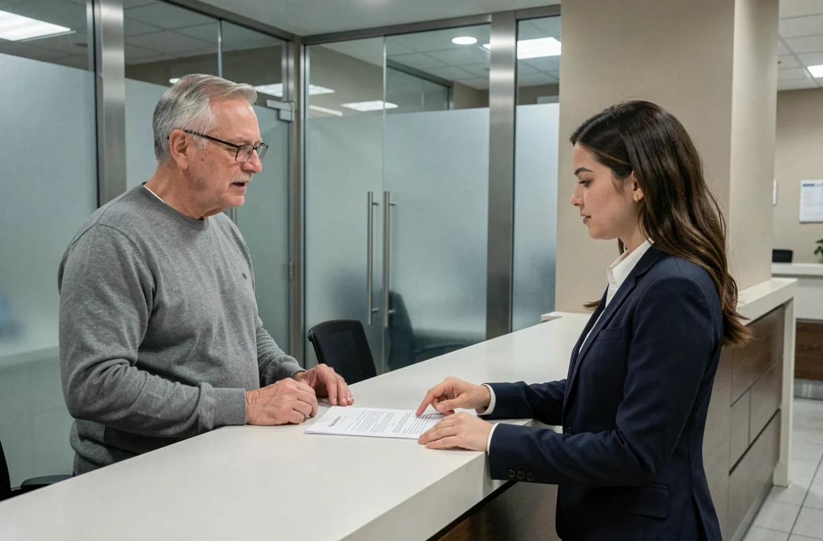 Client senior discutant de la fermeture de son Livret A avec un conseiller bancaire en agence