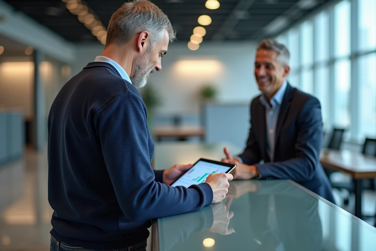 Client discutant avec un conseiller bancaire des conditions de prêt et des options d'épargne, dans une agence moderne avec tablette numérique