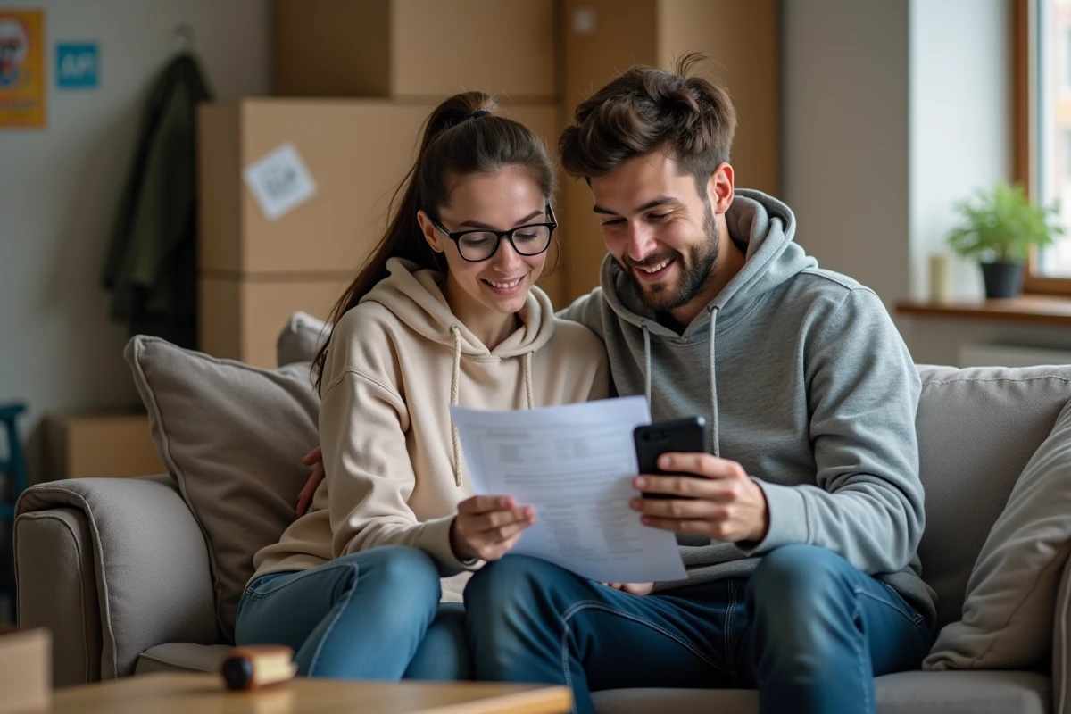 Deux colocataires consultant une simulation APL et leur quittance de loyer ensemble dans leur nouvel appartement partagé