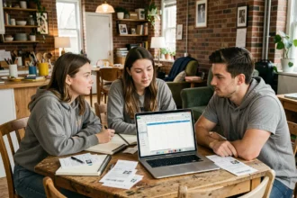 Trois colocataires autour d'une table en bois gérant leurs dépenses communes avec un tableau partagé sur ordinateur portable