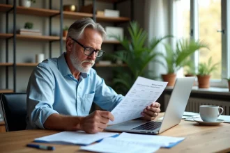 Homme comparant les relevés bancaires Casden avec une interface de banque en ligne sur ordinateur portable
