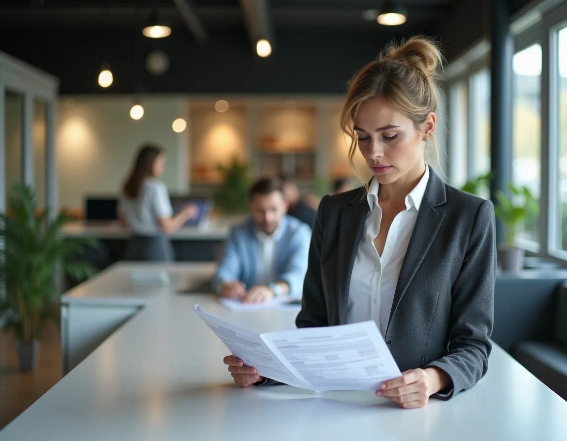 Femme professionnelle comparant les formulaires fiscaux Cerfa 14770 et 2041-DPTF-SD dans un espace de coworking moderne
