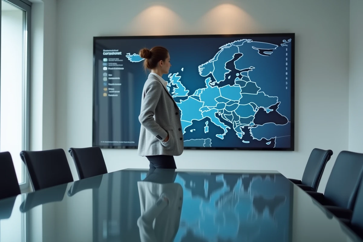 Investisseuse devant une carte interactive comparant les places boursières européennes dont Euronext Paris pour suivre Air Liquide
