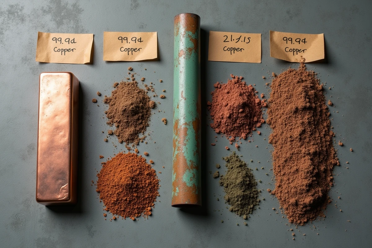 Comparaison de différentes qualités de cuivre : lingot pur, tuyau oxydé et granulés de recyclage sur surface en béton
