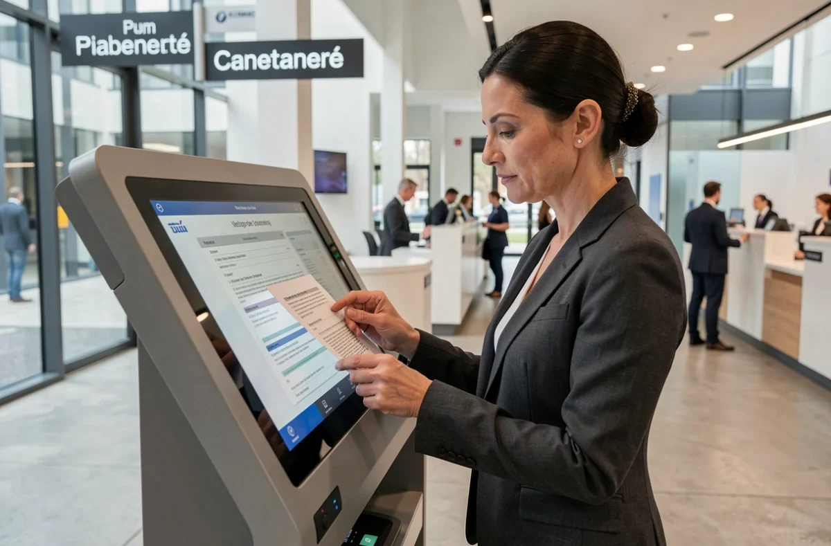 Une femme consulte les conditions de procuration bancaire sur un écran interactif dans une agence moderne
