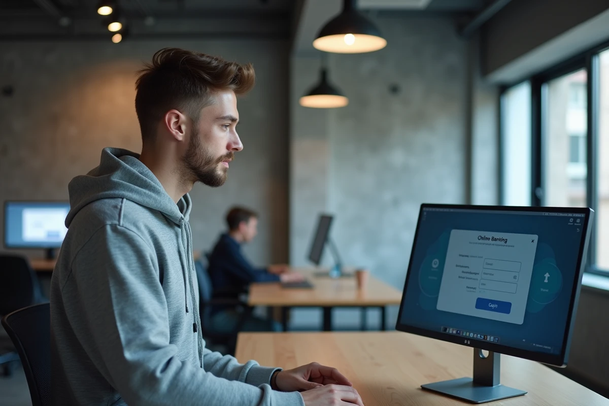 Jeune adulte se connectant à l'espace client Cyberplus Banque Populaire sur ordinateur de bureau dans un espace de coworking