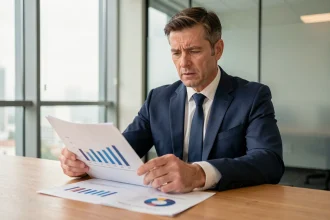 Conseiller financier analysant des documents sur la hausse du CMS 10 ans en 2026 dans un bureau moderne