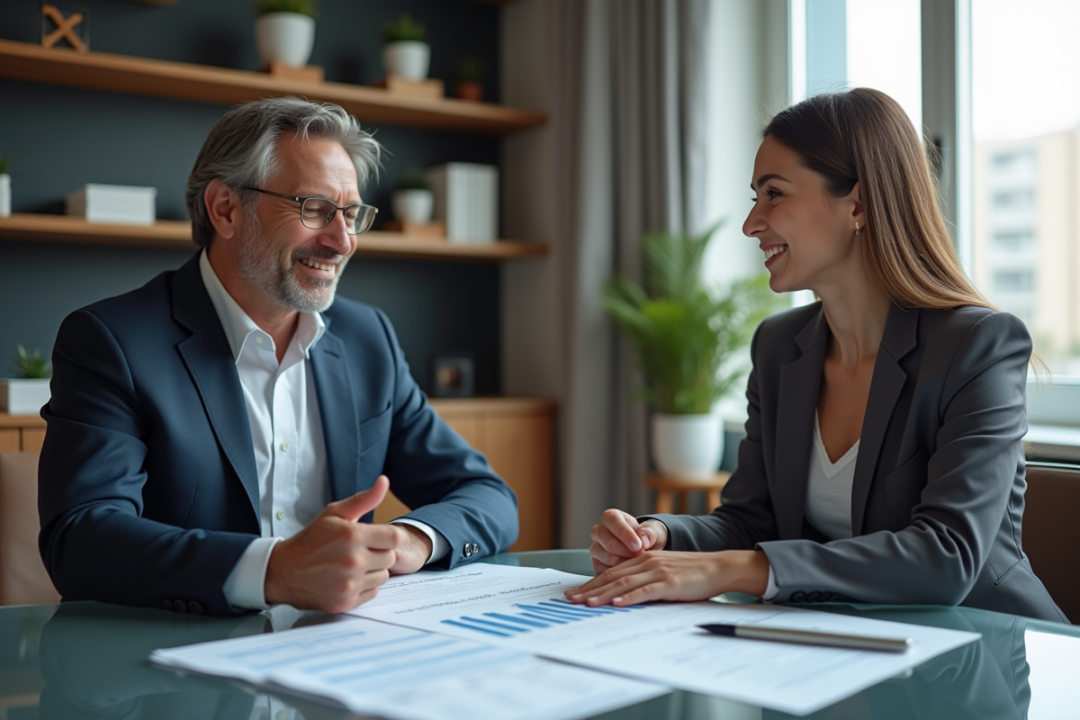 Conseiller financier et cliente examinant un tableau de remboursement