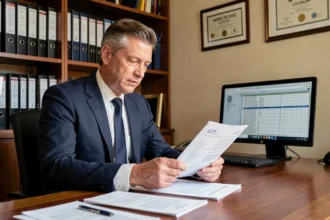 Conseiller financier analysant des documents SCPI et flat tax dans un bureau professionnel