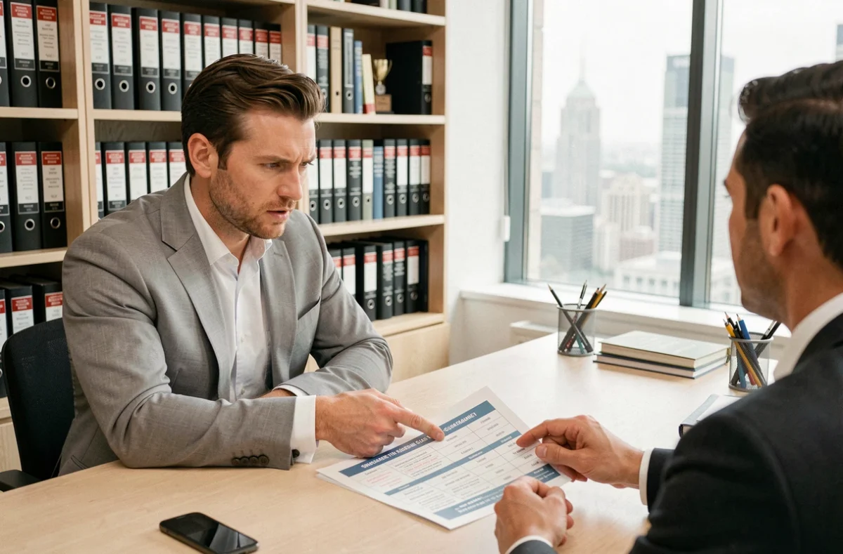 Conseiller financier expliquant les garanties d'une assurance emprunteur Oradea à un client dans un bureau professionnel
