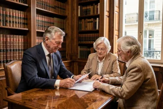 Conseiller notarial discutant d'une succession avec un couple âgé dans un bureau notarial traditionnel à Paris