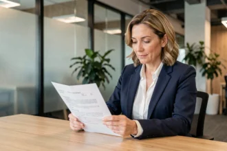 Conseillère en assurance emprunteur analysant un contrat d'assurance dans un bureau moderne avant signature