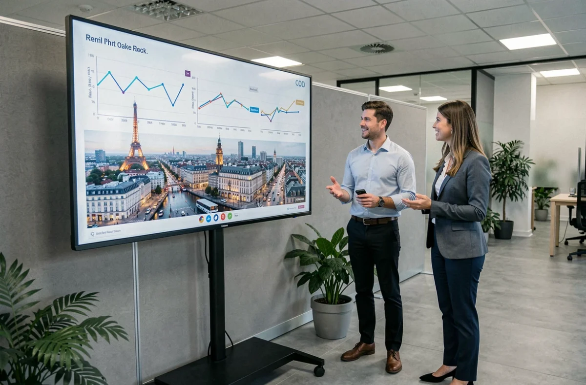 Deux conseillers financiers discutant des performances de SCPI européennes devant un écran de données immobilières internationales