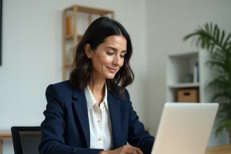 Femme consultant ses relevés bancaires en ligne sur un ordinateur portable depuis son bureau à domicile