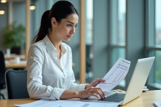 Comptable femme vérifiant des calculs de conversion HT en TTC sur ordinateur portable au bureau