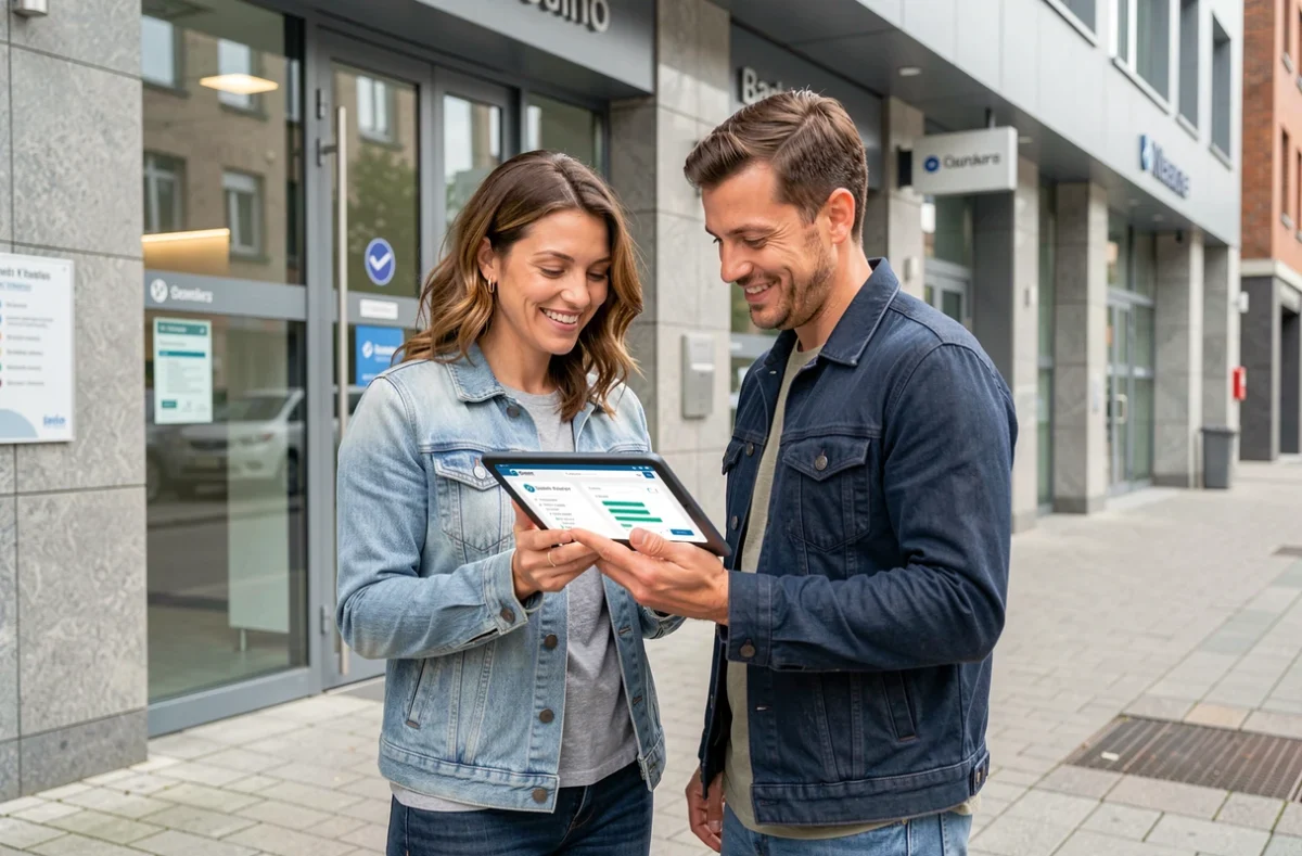 Couple devant une agence CA56 consultant un tableau de bord d'épargne sur tablette