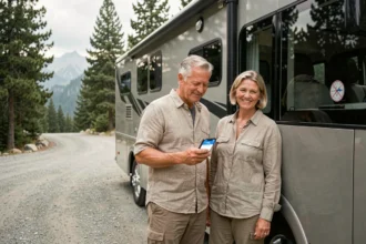 Couple de camping-caristes consultant une application d'assurance au kilomètre à côté de leur véhicule en montagne