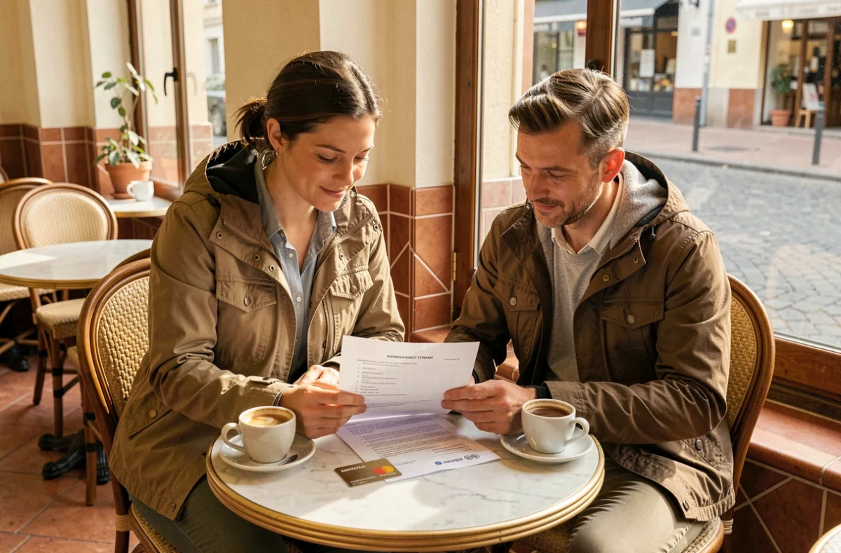 Couple vérifiant leur attestation d'assurance voyage Mastercard Gold dans un café avant un départ